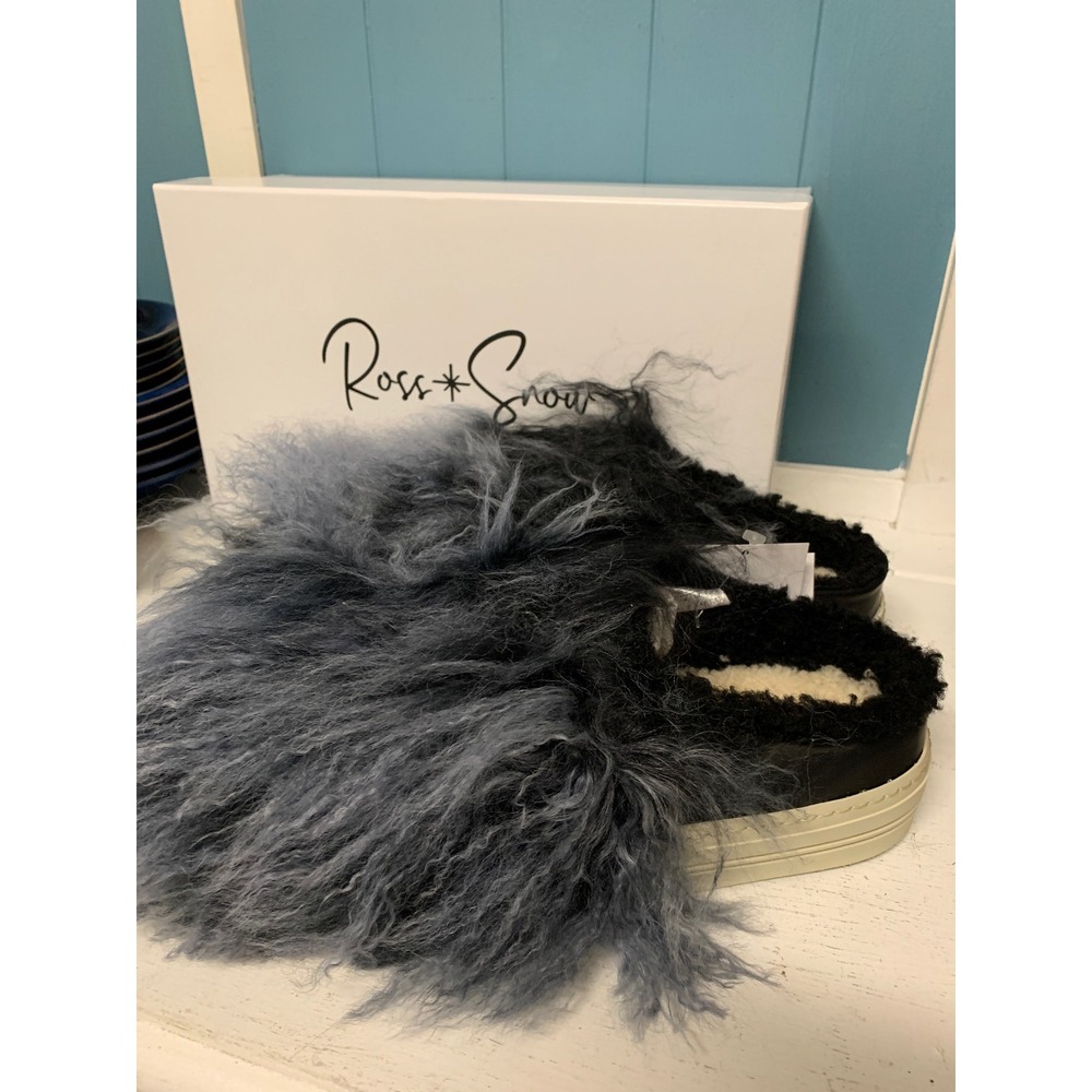 Ross and Snow Womens Black Blue Lamb Fur Slippers Slides Mules Made in Italy 12